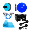 Bola 65cm Pilates + Colchonete + Roda + Extensor + Caneleira 3kg e Halter 3kg