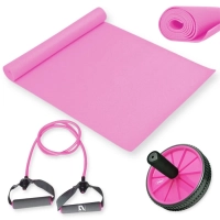 Kit Colchonete Eva Rosa + Extensor Elstico Tenso Leve + Roda Abdominal Yoga / Pilates