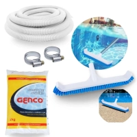 Kit Escova Curva 44 Cm + Mangueira 32mm 4 M + Sulfato de Alumnio Decantador Piscinas Fibra/ Alvenaria