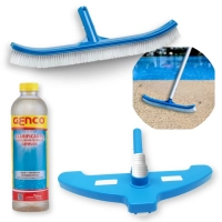 Kit Escova Curva 45,7 Cm + Aspirador Asa Delta 3 Rodas + Clarificante Decantador para Piscina Fibra e Alvenaria