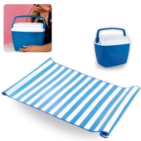 Kit Esteira de Praia em Rolo com Ala + Caixa Termica Azul Pequena 6 L para Passeios Ao Ar Livre