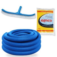 Kit Escova Curva 45,7 Cm + Mangueira 38mm de 6m + Sulfato de Alumnio Decantador Piscinas Fibra/ Alvenaria