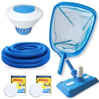 Kit Limpeza Piscina Aspirador + Peneira + Flutuador + Pastilhas Hidroall 3x1 e Mangueira 38mm 4 Metros