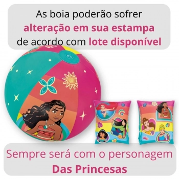 Kit Piscina Redonda Inflavel Mor 2400 Lts + Par Boia de Braco Ilustrao Princesas + Bola Inflavel Infantil Princesas