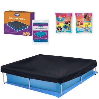 Kit Piscina Quadrada 1500 L + Capa e Forro Mor + Boia de Brao Das Princesas