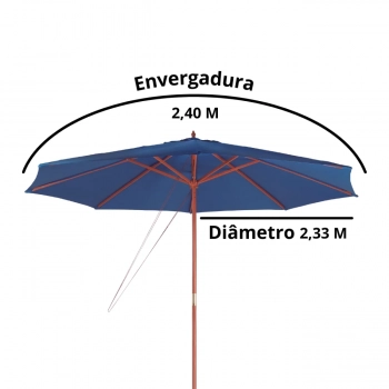 Kit Ombrelone Guarda Sol Piscina Madeira 2,4m Azul + Base Dobravel