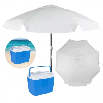 Kit Praia Azul e Branco com Guarda Sol 1,60 M + Cooler 19 L