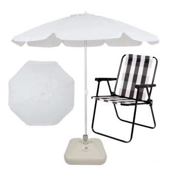 Kit Guarda Sol Praia Branco 1,60 M + Base Branca 18 L + Cadeira Retro