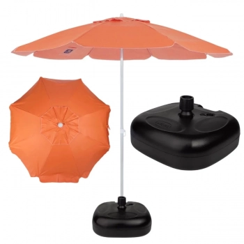 Kit Guarda Sol Praia Laranja 1,60 M + Base Preta 18 L + Cadeira Alumnio