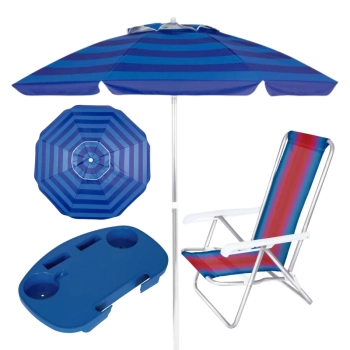 Kit Guarda-sol 2 M Azul + Mesa Porttil + 1 Cadeira 4 Posies Pesca / Praia