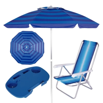 Kit Guarda-sol 2 M Azul + Mesa Porttil + 1 Cadeira 4 Posies Pesca / Praia