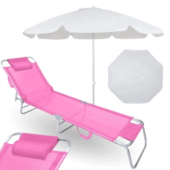 Kit Piscina Cadeira Rosa Espreguiadeira 4 Posies com Almofada + Guarda Sol 2 Metros