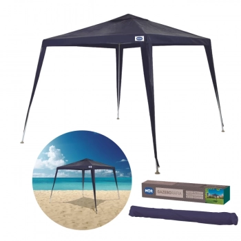 Kit Tenda Gazebo Praia 3 M X 2,40 M Encaixe em Rfia Azul Mor + 2 Paredes Laterais Brancas