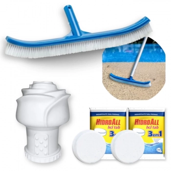 Kit Escova Curva 45,7 Cm + Clorador Flutuante Roseta + 2 Pastilhas 3 em 1 para Piscina Fibra e Alvenaria