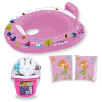 Kit Boia Bote Infantil com Fralda Rosa + Boia de Brao Infantil + Baldinho de Praia com 8 Peas Rosa