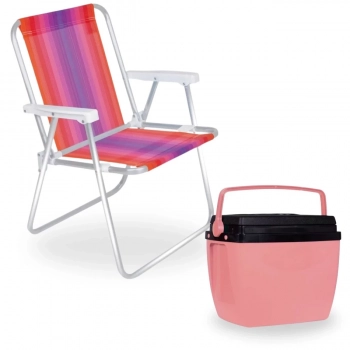 Kit Cadeira de Praia Alumnio + Caixa Trmica 18 Lts Rosa Pssego para Camping e Praia