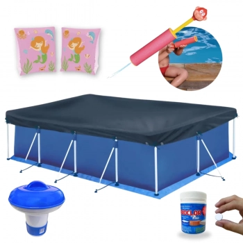 Kit Piscina 5000 L + Capa, Forro + Lana gua Animais + Boia de Brao Rosa + Mini Flutuador + 50 Pastilhas 2 G