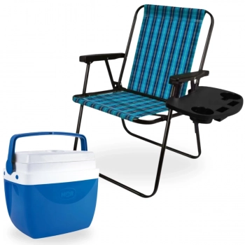 Kit Cadeira de Praia Alta Xadrez Azul + Mesa Porttil + Caixa Trmica 12 Litros