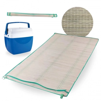 Kit Caixa Termica Azul Cooler 12 Litros + Esteira de Praia em Palha 1,80m X 60cm