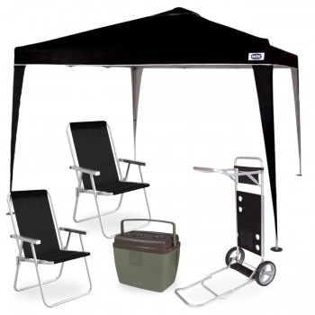 Kit Tenda Gazebo Articulada 3x3 M + Carrinho de Praia C/ Avano + Cooler 36l + 2 Caderias de Praia Aluminio