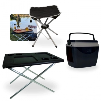 Kit Mesa Multiuso Dobrvel Porttil + Caixa Trmica 18 L + Banqueta Dobrvel At 80 Kg para Camping e Pesca