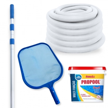 Kit Mangueira para Piscina 32mm 10m + Peneira + Haste Telescpica 3,60m + Cloro 3 Kg