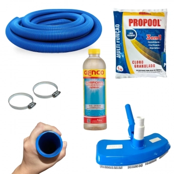 Kit Aspirador para Piscinas + Mangueira 38mm 2 Mts+ Clarificante 1l + Cloro Granulado 3 em 1 Manuteno