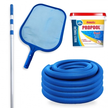 Kit Mangueira para Piscina 38mm 10m + Peneira + Haste Telescpica 3,60m + Cloro 3 Kg