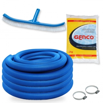 Kit Escova Curva 45,7 Cm + Mangueria 38mm 10m Azul + Sulfato de Alumnio Decantador Piscinas Fibra/ Alvenaria