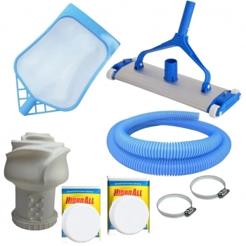 Kit Limpeza de Piscina Mangueira 5m + Aspirador + Peneira + Flutuador + 2 Pastilhas Hidroall 5 em 1