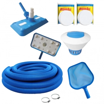 Kit Limpeza Piscina Aspirador + Peneira + Flutuador + Pastilhas 3x1 e Mangueira 38mm 4 Metros