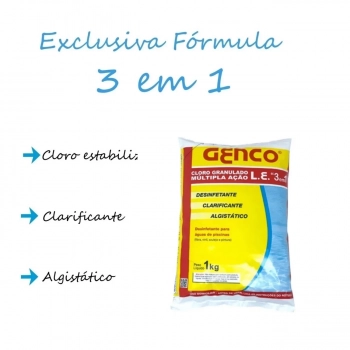 Cloro Granulado 1kg 3 em 1 com Clarificante e Algisttico + 3 Pastilhas 3 em 1 e Clorador Grande